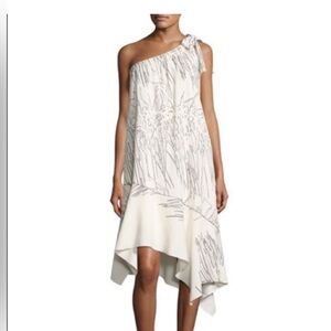 Halston Heritage One Shoulder White Black Artistic Print Asymmetrical Dress NEW